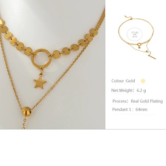New 18K Gold Plated Circle Bar Coin Star Double Layer Necklace - Picture 6 of 6
